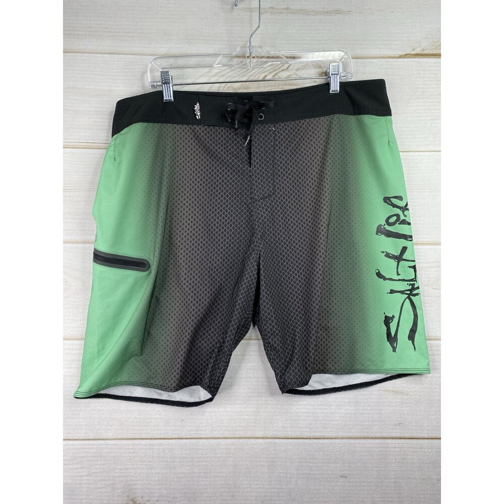 Salt Life SLX-QD Board Shorts Mens 38 Vapor Stretch Surf Green Black Zip Pocket